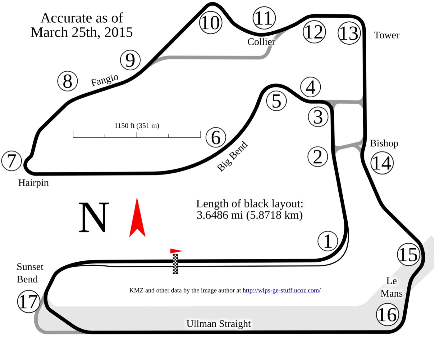 Map of Sebring International Raceway with turns 1 to 17 numbered and named, including the Hairpin, Ullman Straight and Sunset Bend