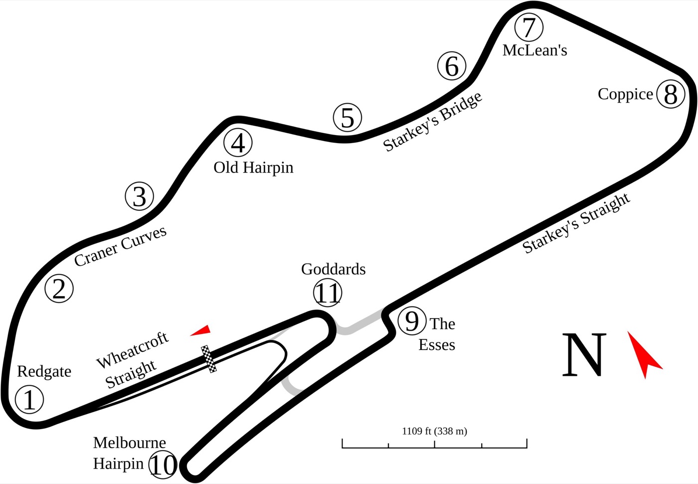 Map of the Donington Park Grand Prix circuit with its eleven corners numbered, from Redgate through the Craner Curves, Old Hairpin, McLean’s, Coppice and the Esses to the Melbourne Hairpin and Goddards