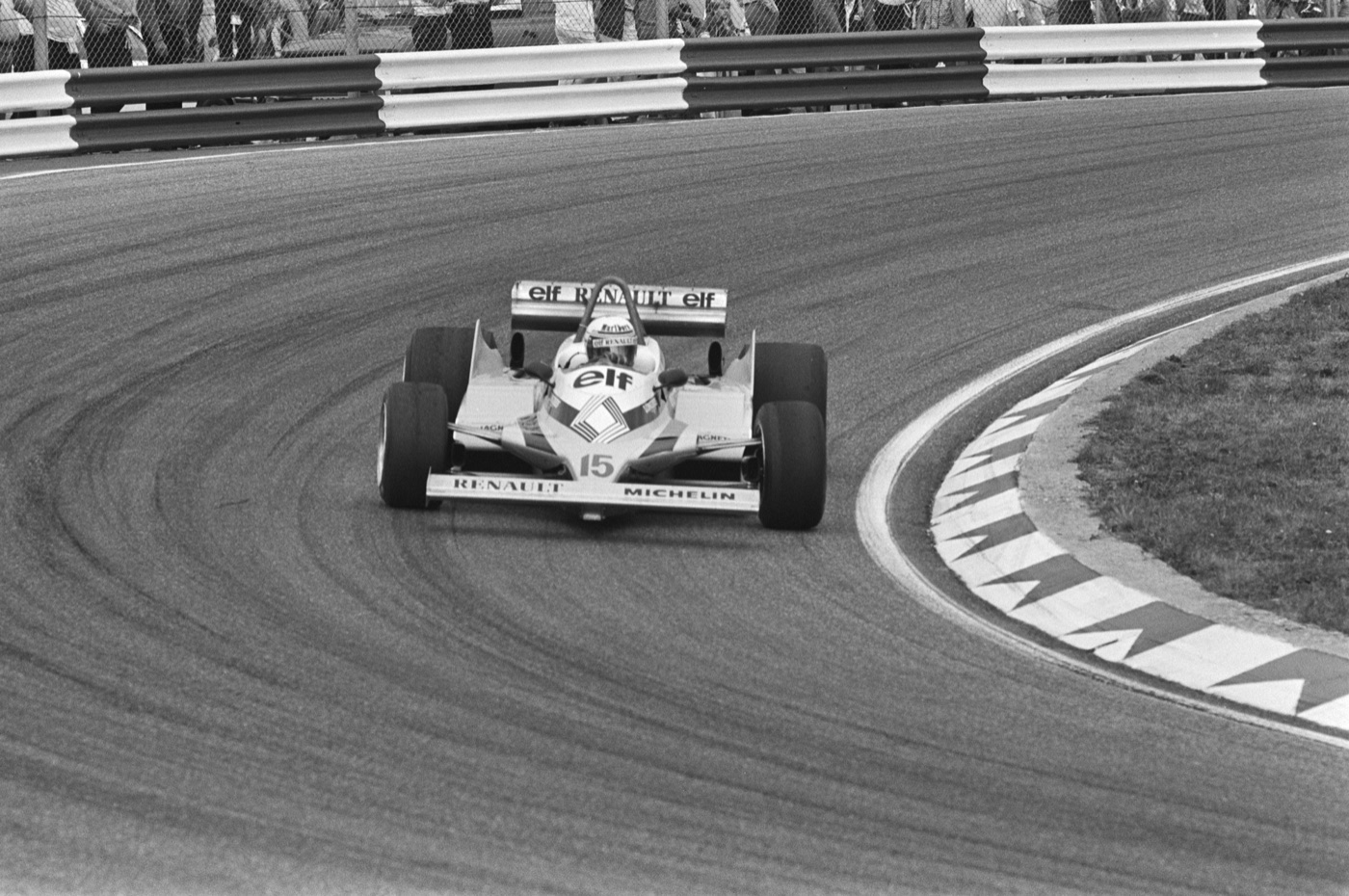 Black and white photograph of Alain Prost’s Renault, number 15, with Elf and Michelin lettering, cornering at Zandvoort during the 1981 Dutch Grand Prix