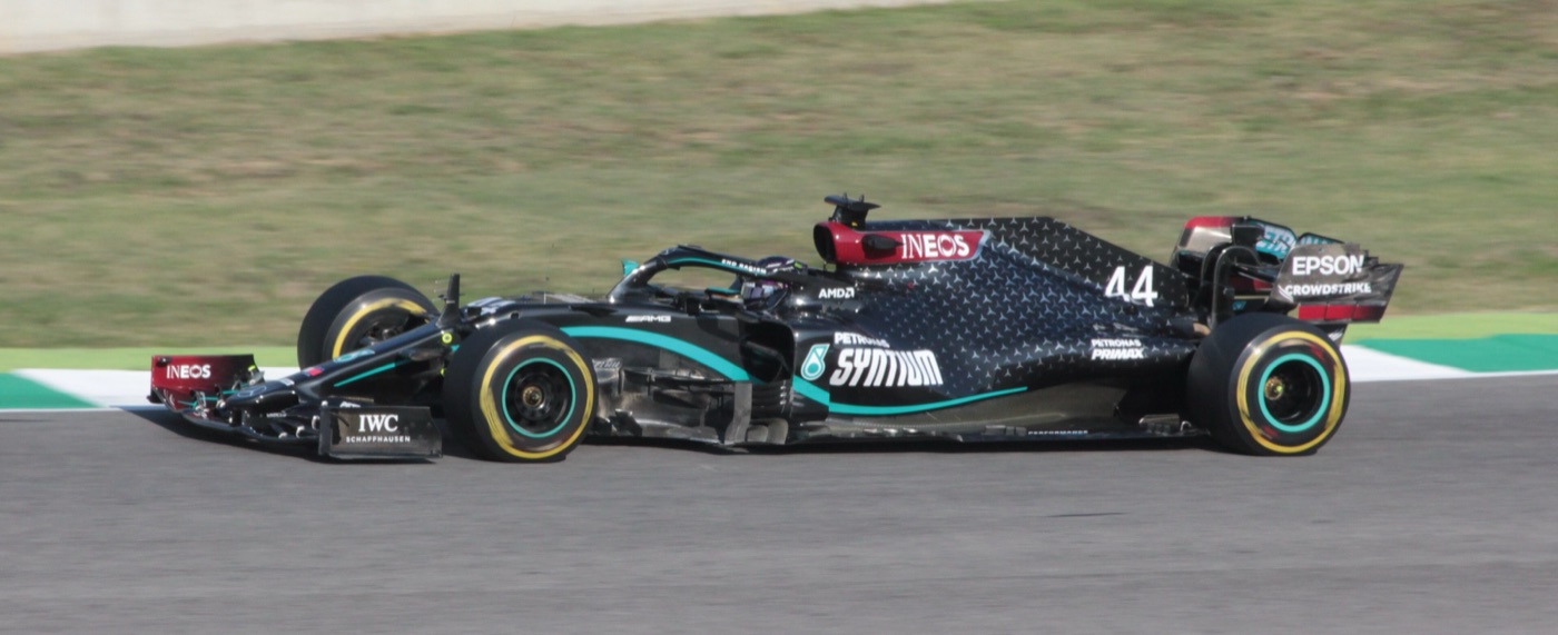 Lewis Hamilton’s black Mercedes W11, number 44, on track at Mugello