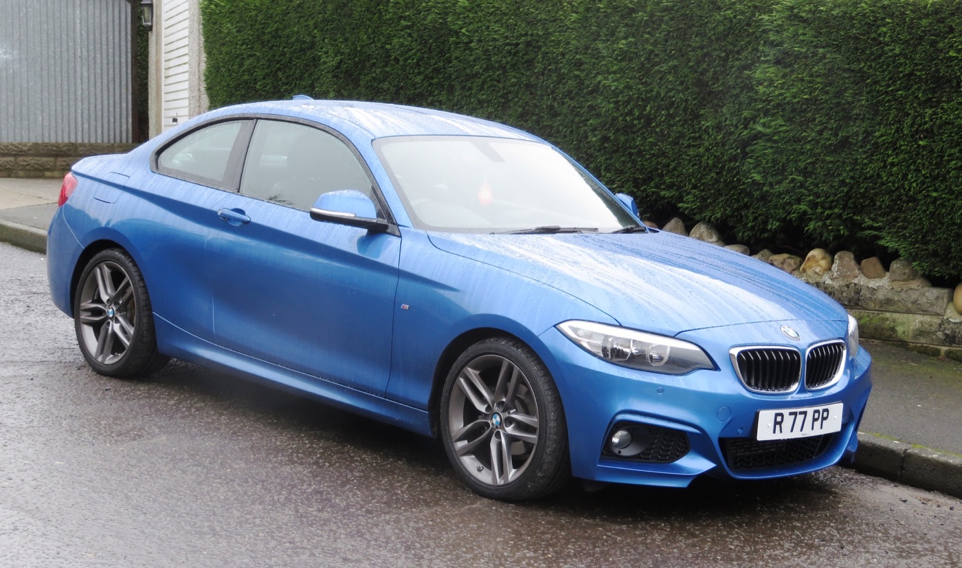 Blue BMW 218d Coupé M Sport parked at a kerb beside a hedge, wet from rain