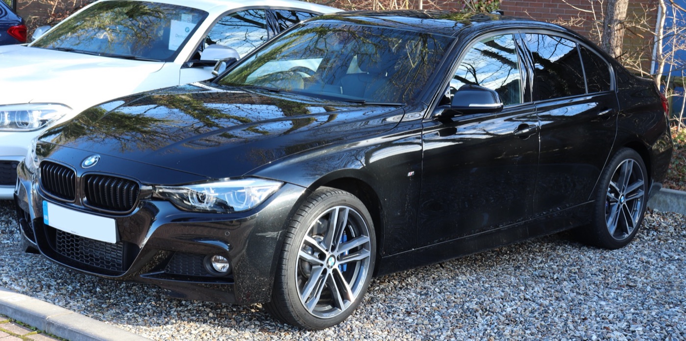 Black facelifted BMW 335d xDrive M Sport Shadow saloon with LED headlights and black kidney grille