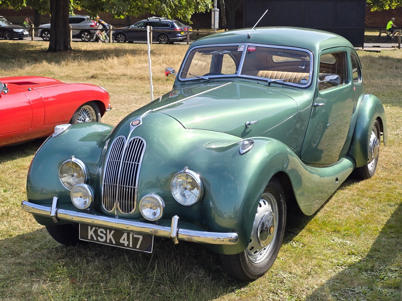 Green 1948 Bristol 400 saloon with a BMW-style twin-kidney grille and chrome bumpers on grass, registration KSK 417
