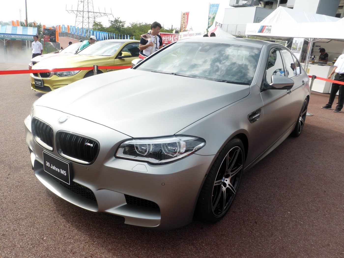 Matt grey BMW 30 Jahre M5 F10 with black grille slats and two-tone 20-inch wheels, a 30 Jahre M5 placard on the front bumper