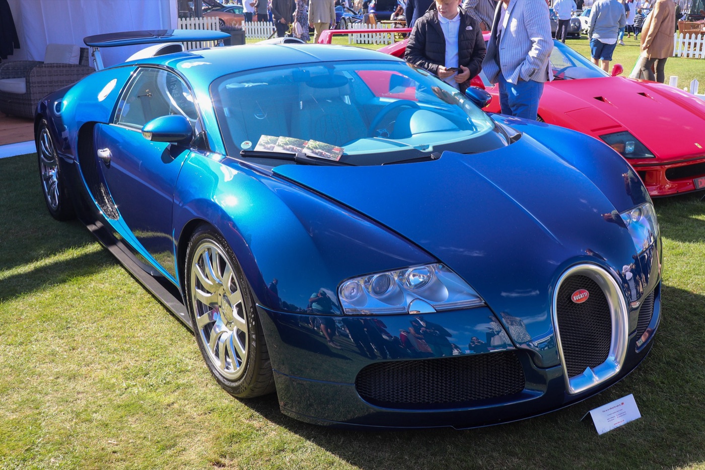 Blue two-tone Bugatti Veyron 16.4 coupé with a chrome horseshoe grille, parked on grass at a concours