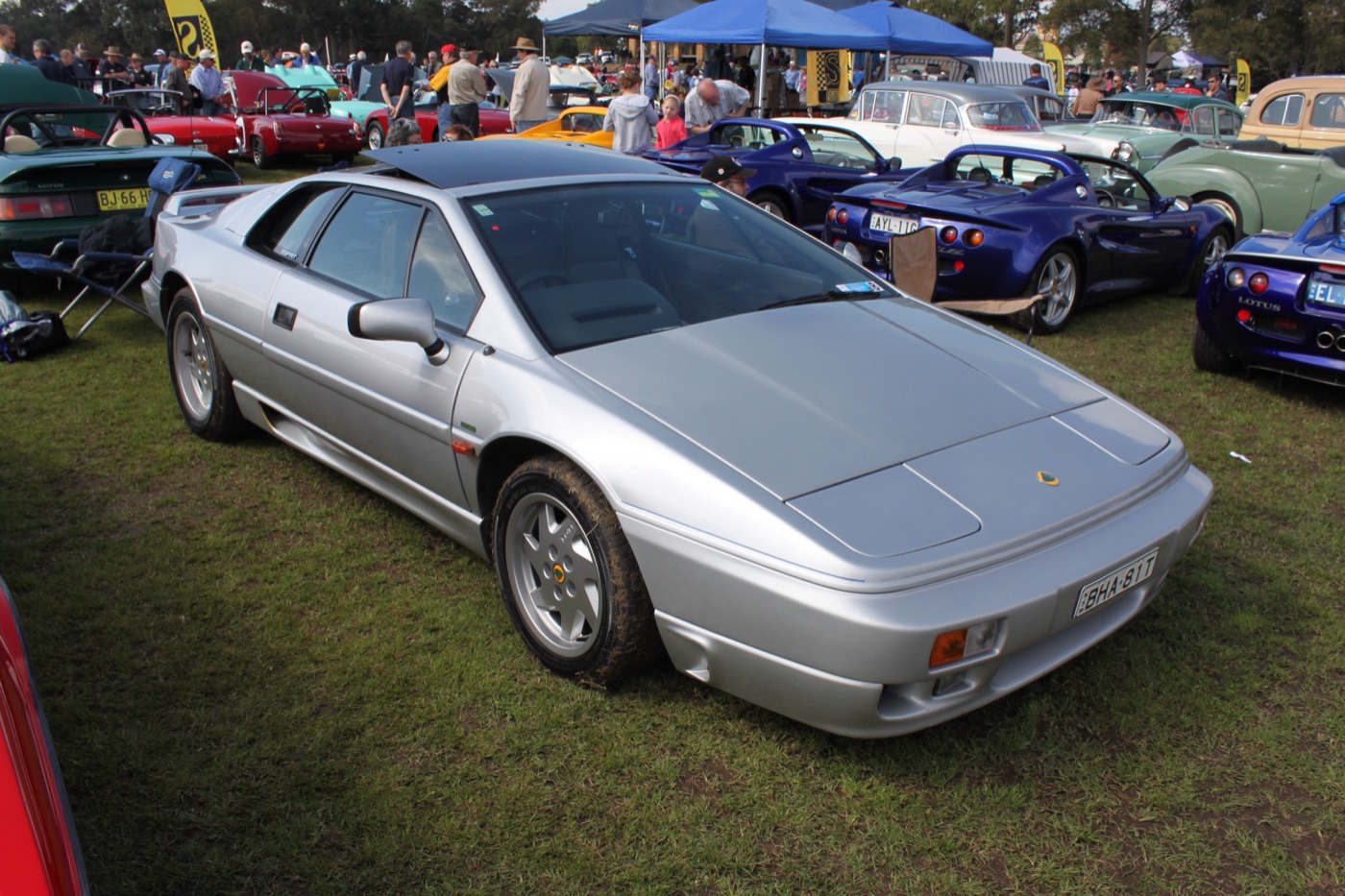 Silver Lotus Esprit S4 wedge-shaped coupé parked on grass at a car show