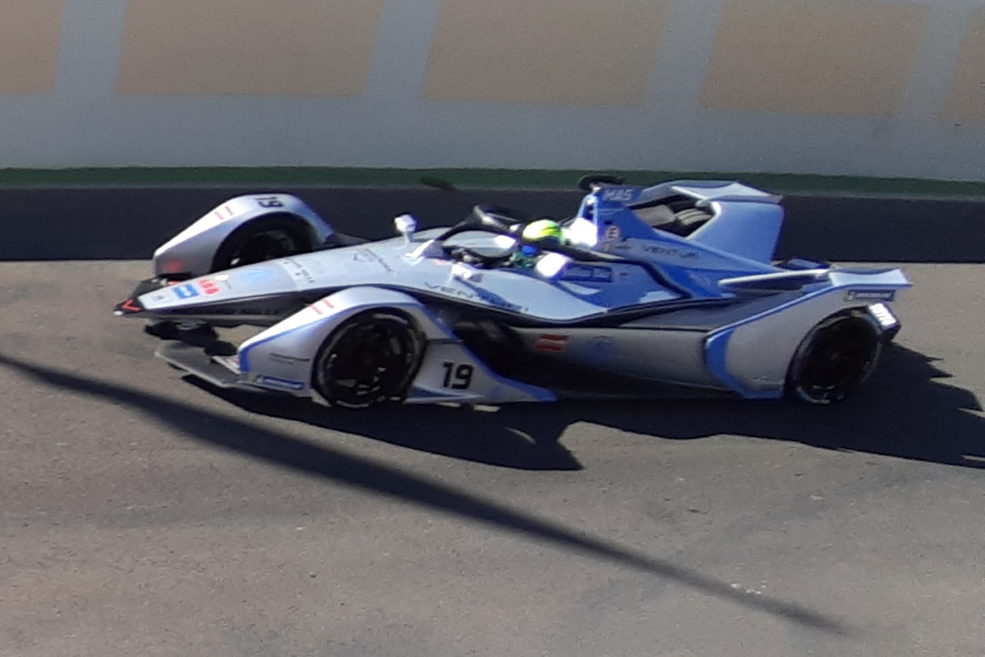 Silver and blue Venturi Formula E car number 19 driven by Felipe Massa on track at Marrakesh