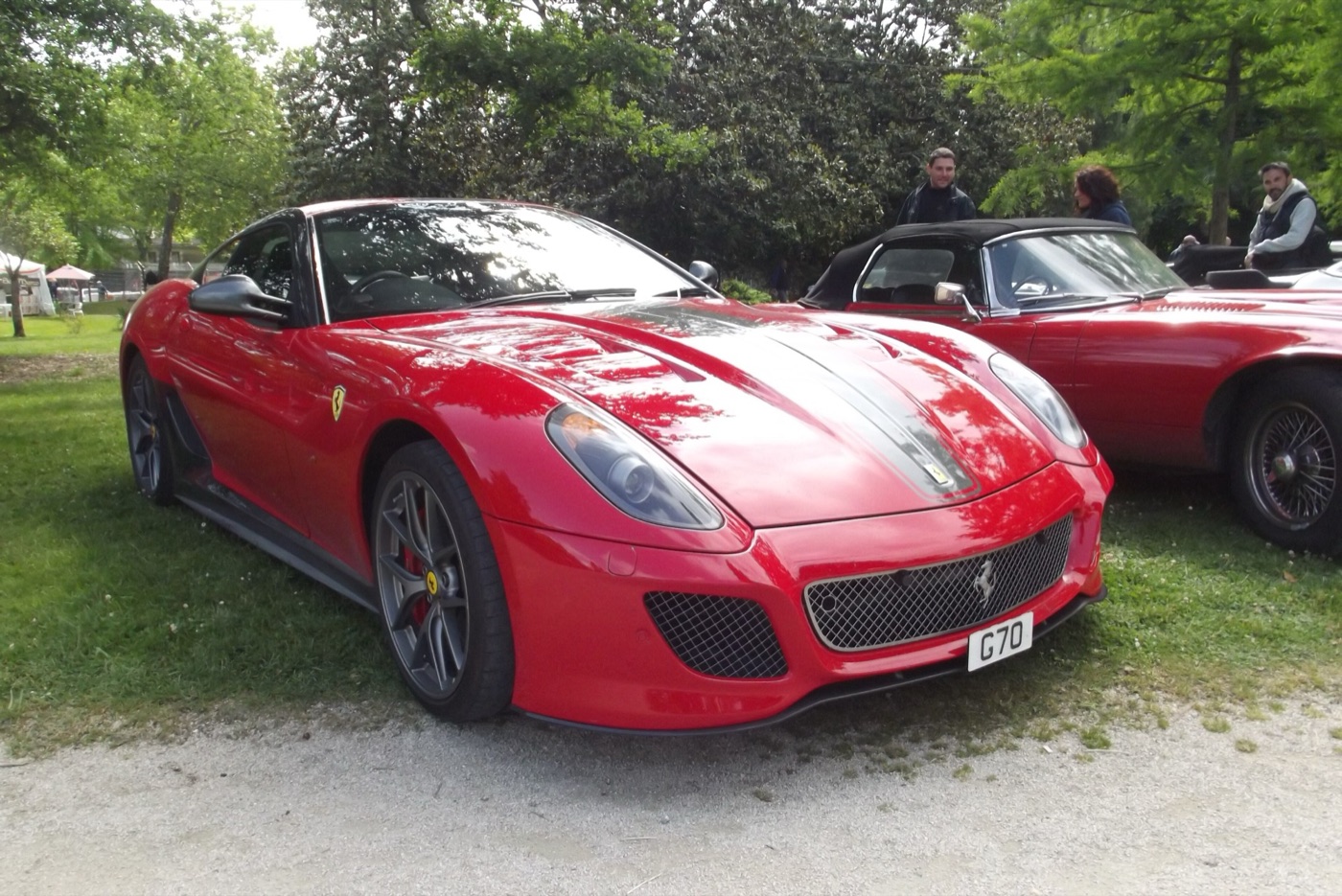 Red Ferrari 599 GTO with a silver stripe on the bonnet, parked on grass beside other cars