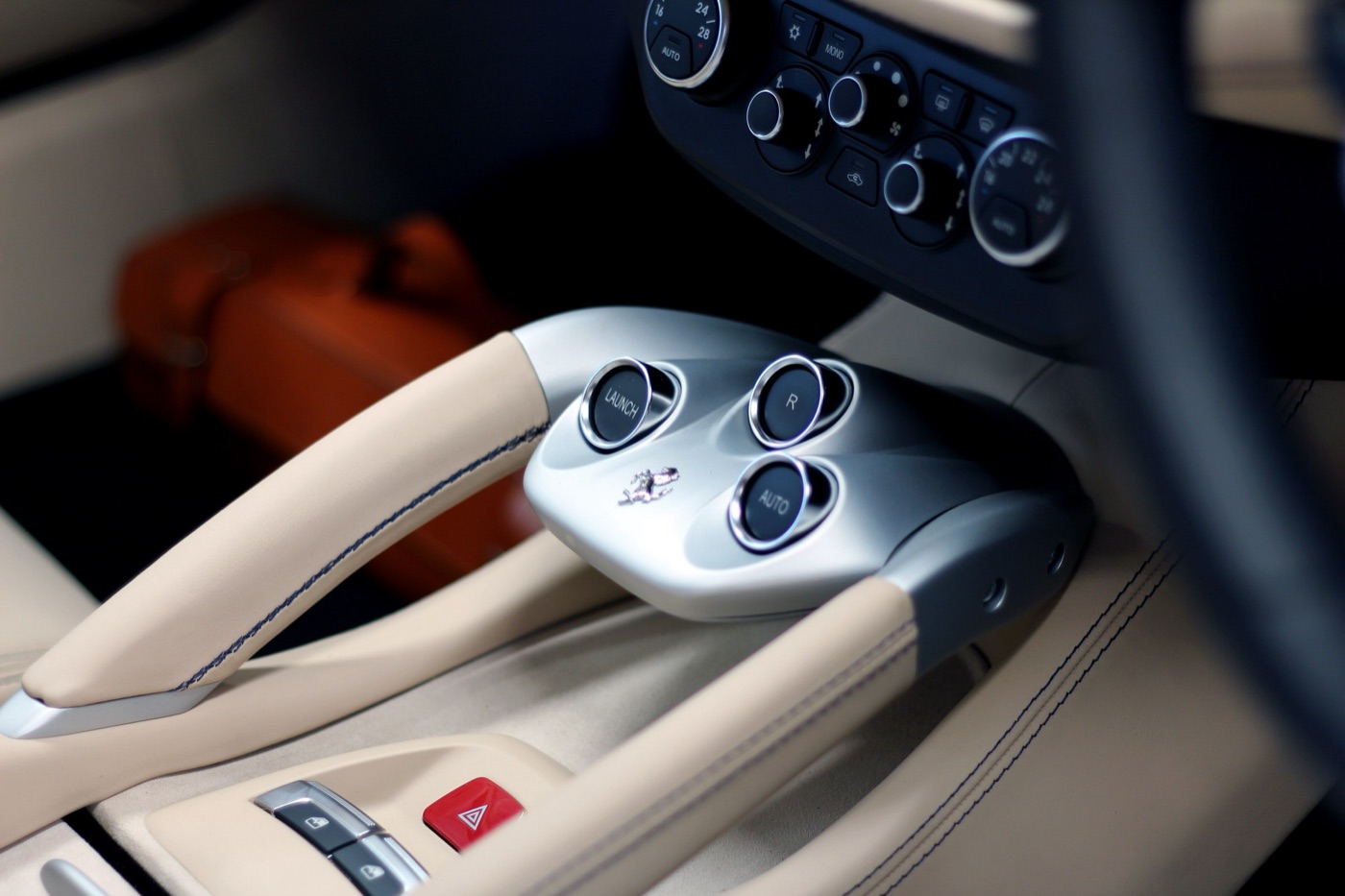 Ferrari FF centre console bridge in silver with Launch, R and Auto buttons and cream leather trim