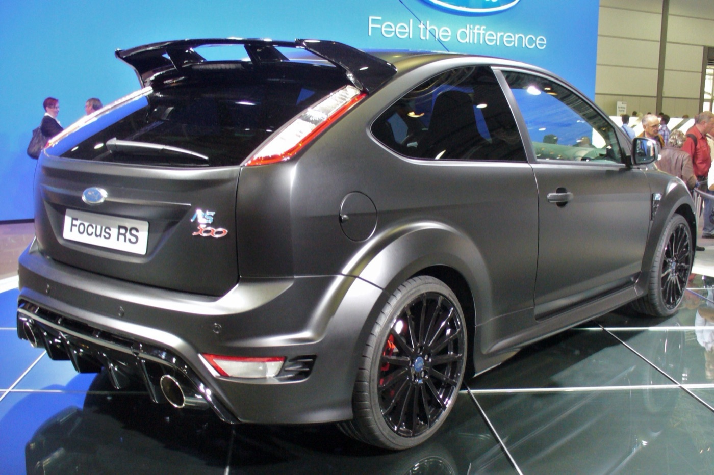 Rear view of a matt black Focus RS500 showing the twin-blade spoiler, gloss black venturi and RS 500 badge