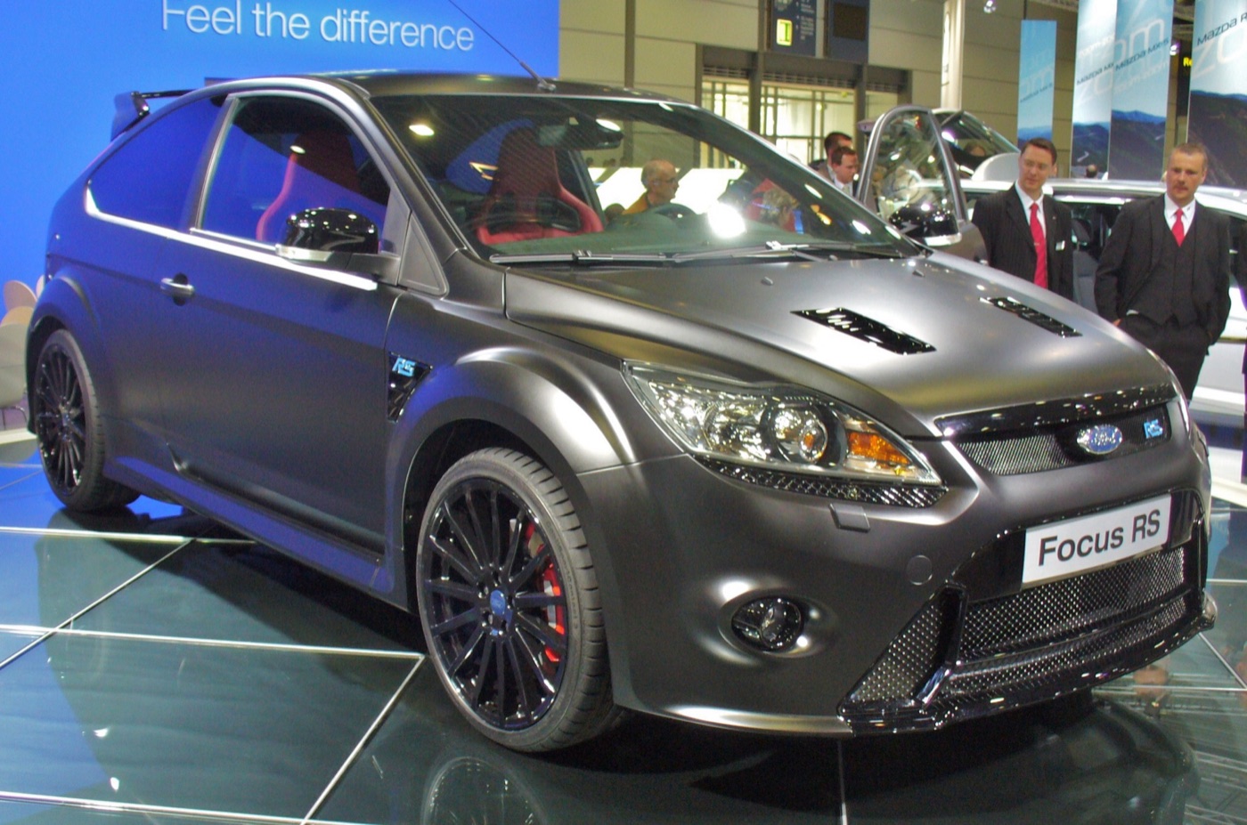 Matt black Ford Focus RS500 with red Recaro seats on the Ford stand at the Leipzig motor show