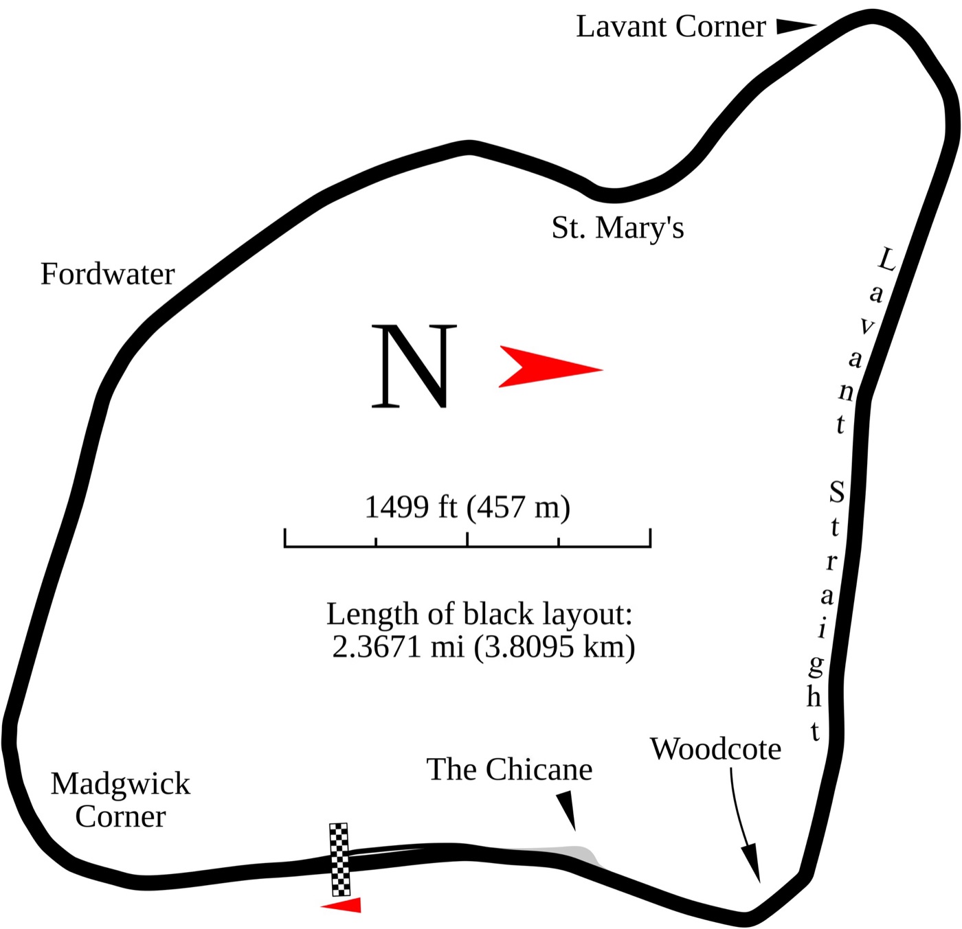 Outline map of Goodwood Motor Circuit marking Madgwick Corner, Fordwater, St Mary’s, Lavant Corner, the Lavant Straight, Woodcote and the chicane