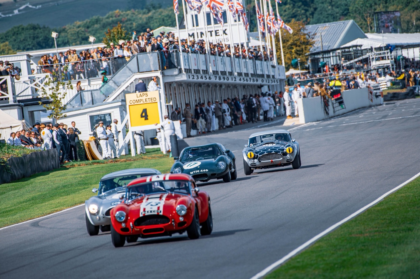 A red AC Cobra leads a silver Cobra, the dark green Lister-Jaguar Coupé WTM 446 and another Cobra past the pits and the crowd at Goodwood