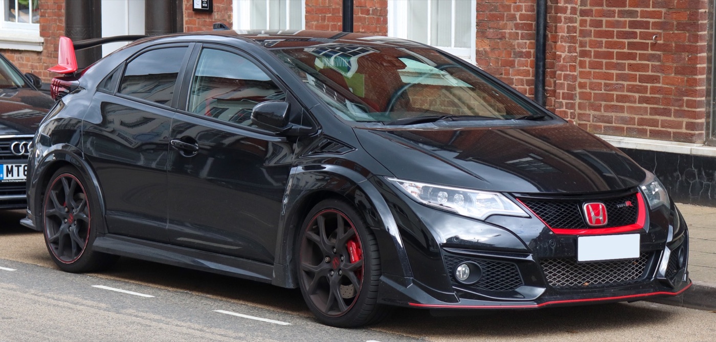 Black 2016 Honda Civic Type R GT FK2 with red grille stripe, red wing end plates and 19-inch black wheels