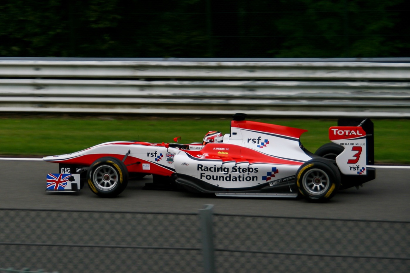 Jack Harvey in the red and white No. 3 ART GP3 car with Racing Steps Foundation lettering on its sidepod at Spa
