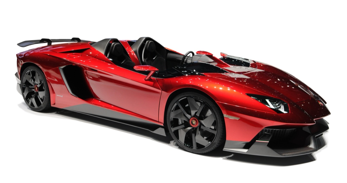 Red Lamborghini Aventador J roofless speedster with carbon wheels and a rear wing, at the 2012 Geneva Motor Show