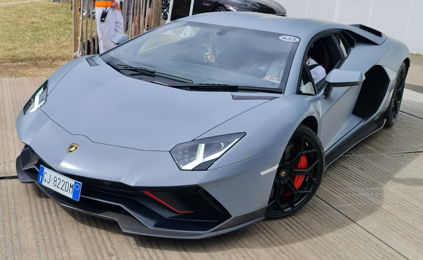 Matt grey Lamborghini Aventador LP 780-4 Ultimae coupé with red brake calipers at the Goodwood Festival of Speed