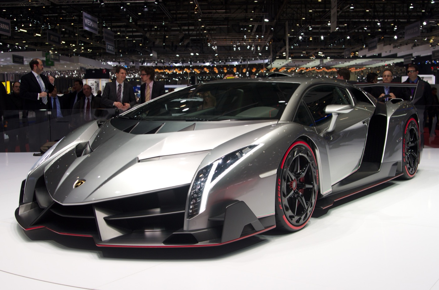Grey Lamborghini Veneno with red-lined Pirelli tyres on Lamborghini