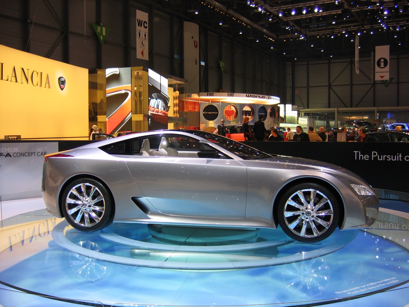 Silver Lexus LF-A concept coupé in profile on a turntable at the Geneva motor show