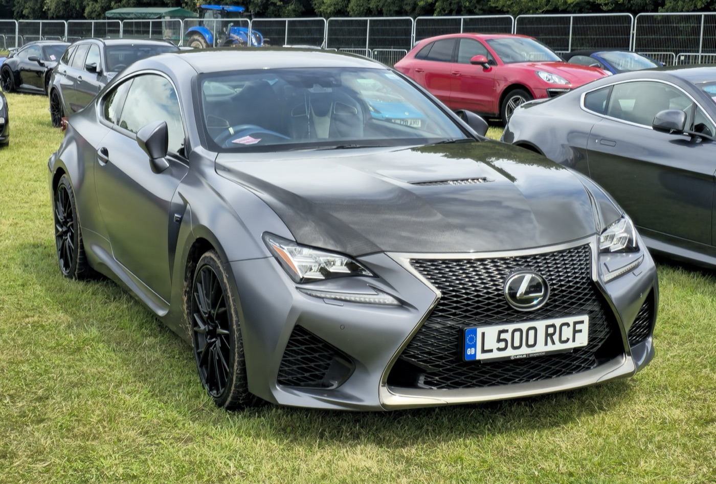 Matt grey Lexus RC F 10th Anniversary with a carbon fibre bonnet and black wheels parked on grass