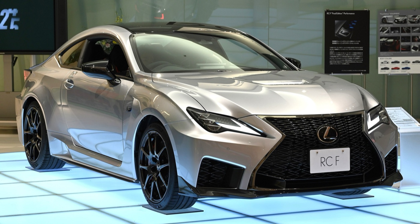 Silver Lexus RC F Final Edition coupe with black BBS wheels and a carbon roof on a display floor