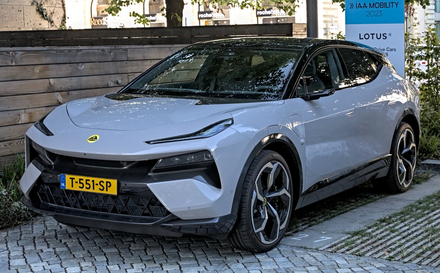 Silver Lotus Eletre electric SUV with Dutch number plates parked on cobbles at IAA Mobility 2023