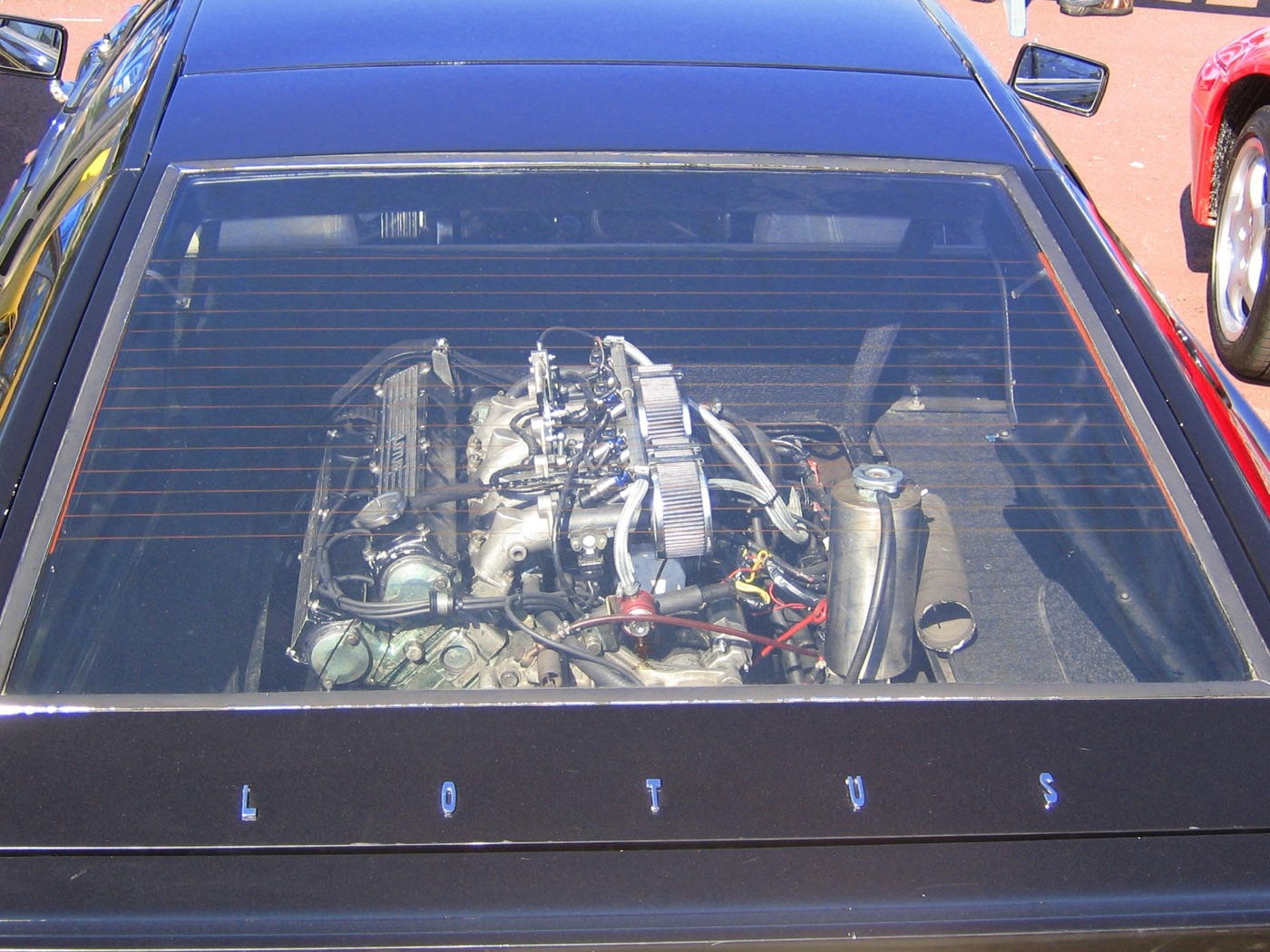Lotus 900-series twin-cam four with aftermarket fuel injection and pancake air filters, seen through the rear window of an early Esprit