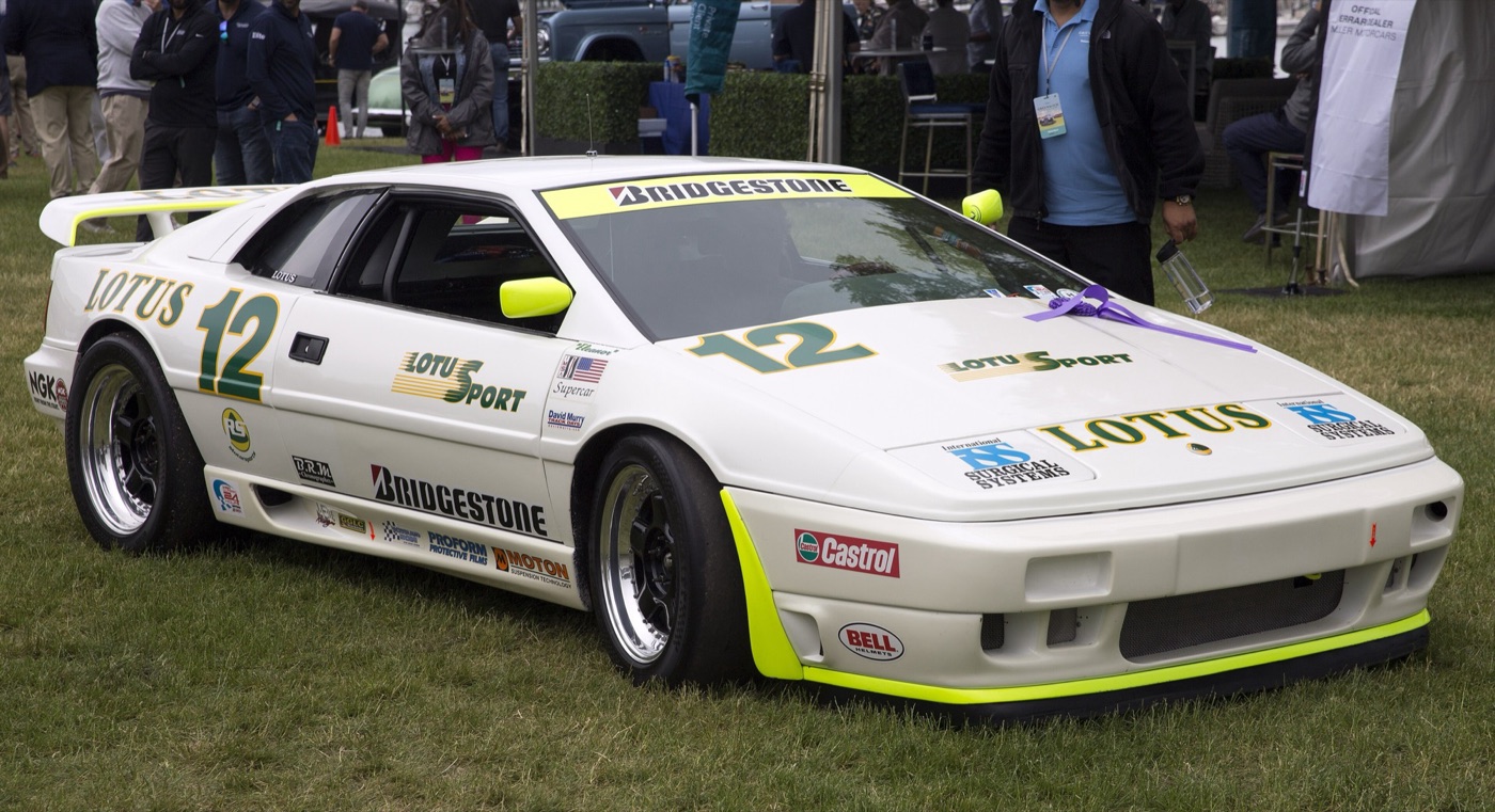 White Lotus Esprit X180R race car number 12 in Lotus Sport and Bridgestone livery with yellow trim