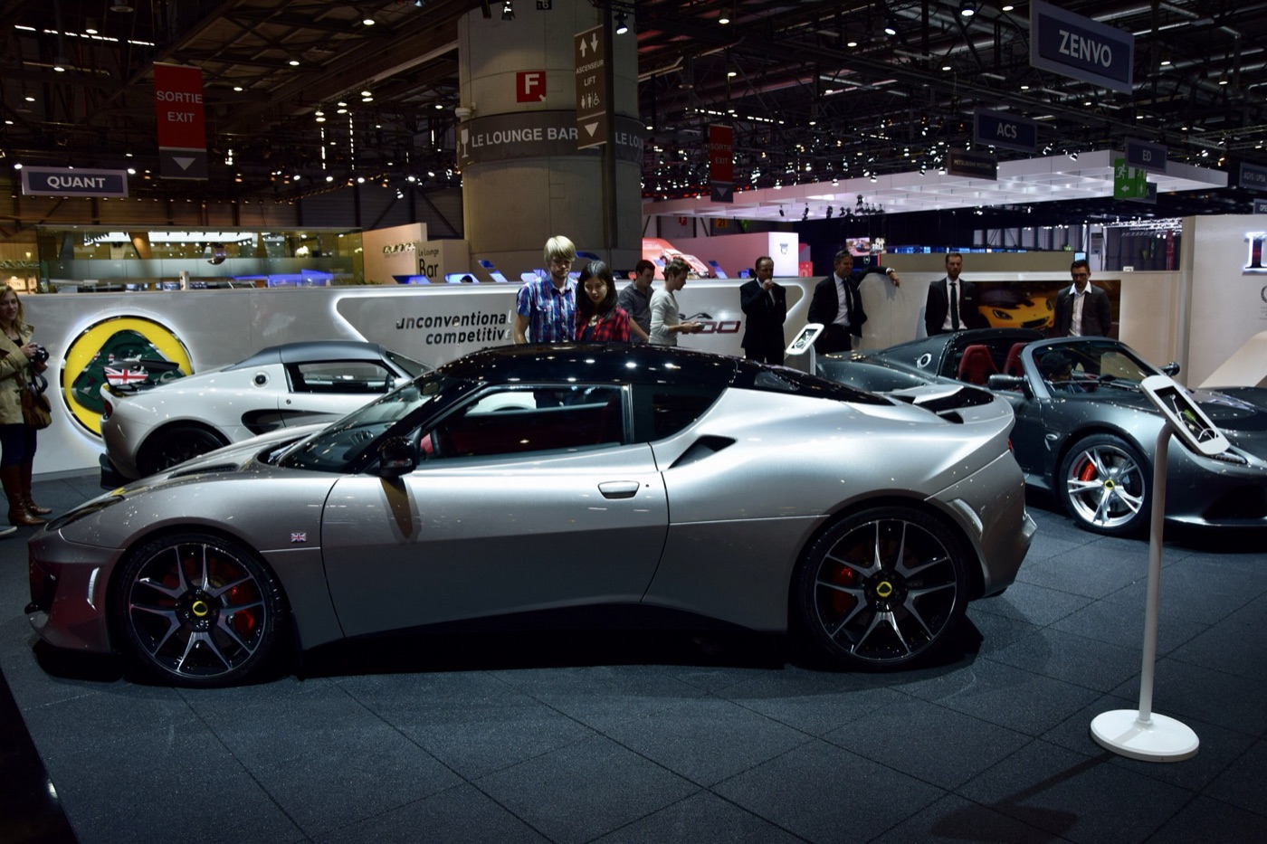 Silver Lotus Evora 400 with black roof on the Lotus stand at the Geneva Motor Show