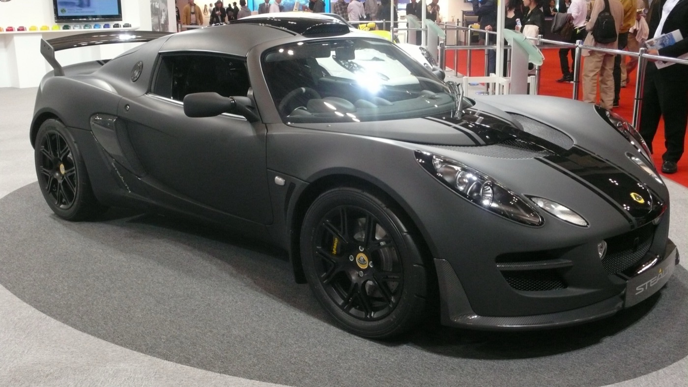Matt black Lotus Exige Stealth on a motor show stand