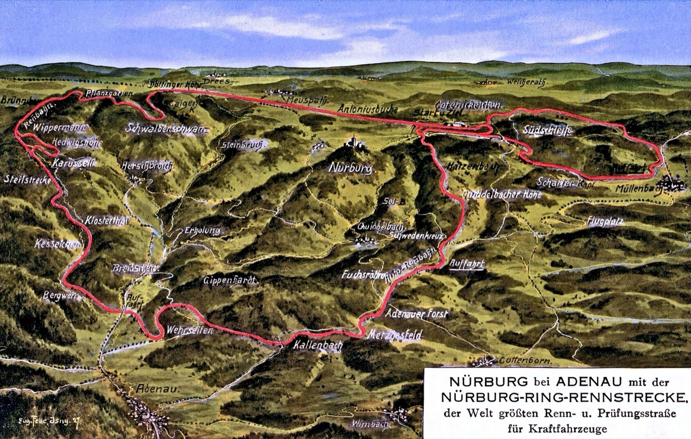 Painted bird’s-eye view of the Eifel hills with the Nürburgring drawn in red, its sections labelled, and a caption panel in German