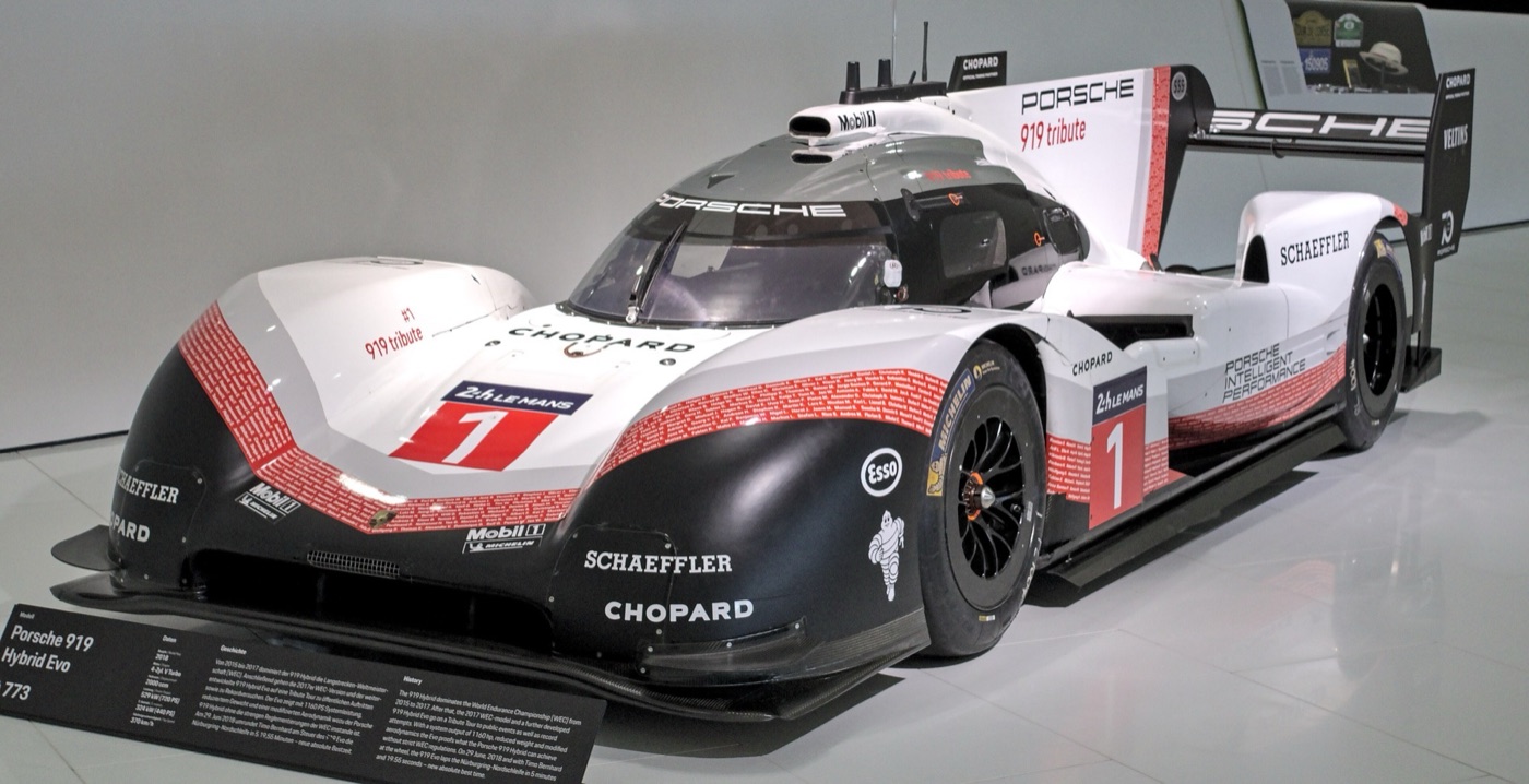The white, red and black Porsche 919 Hybrid Evo, number 1, on display in the Porsche Museum