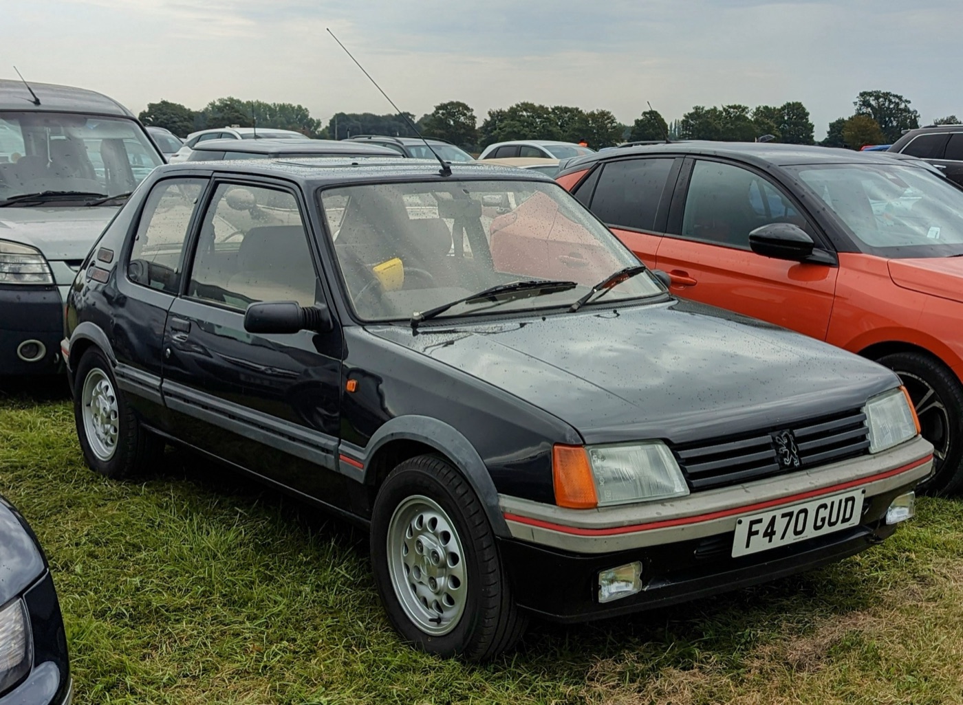 Dark grey Peugeot 205 GTi 1.6 with pepperpot alloy wheels and a red stripe along its bumpers, parked on grass