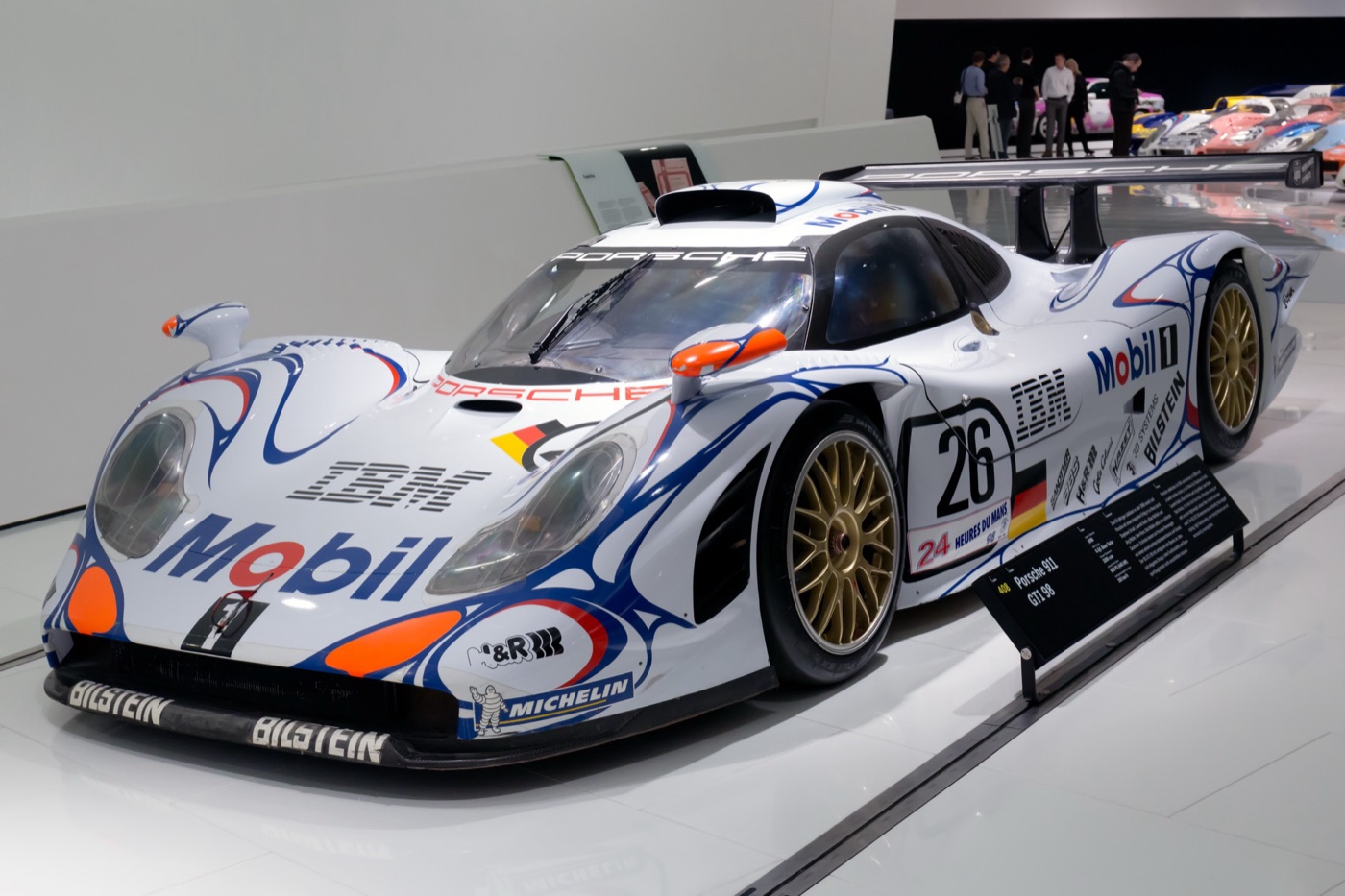 The Le Mans-winning Porsche 911 GT1 ’98, number 26, in white Mobil livery at the Porsche Museum