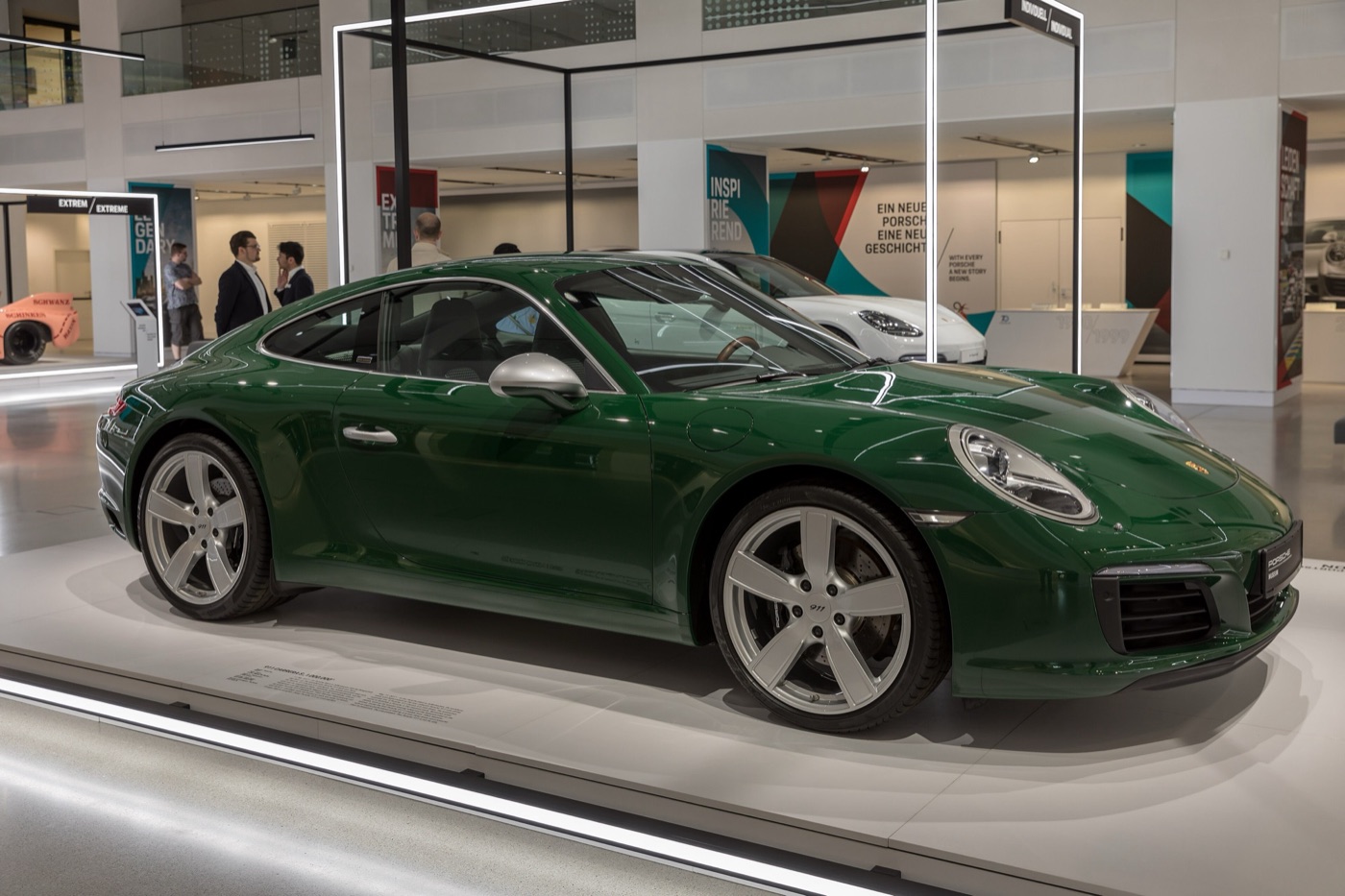 The one-millionth Porsche 911, an Irish Green 991 Carrera S, on display in Berlin