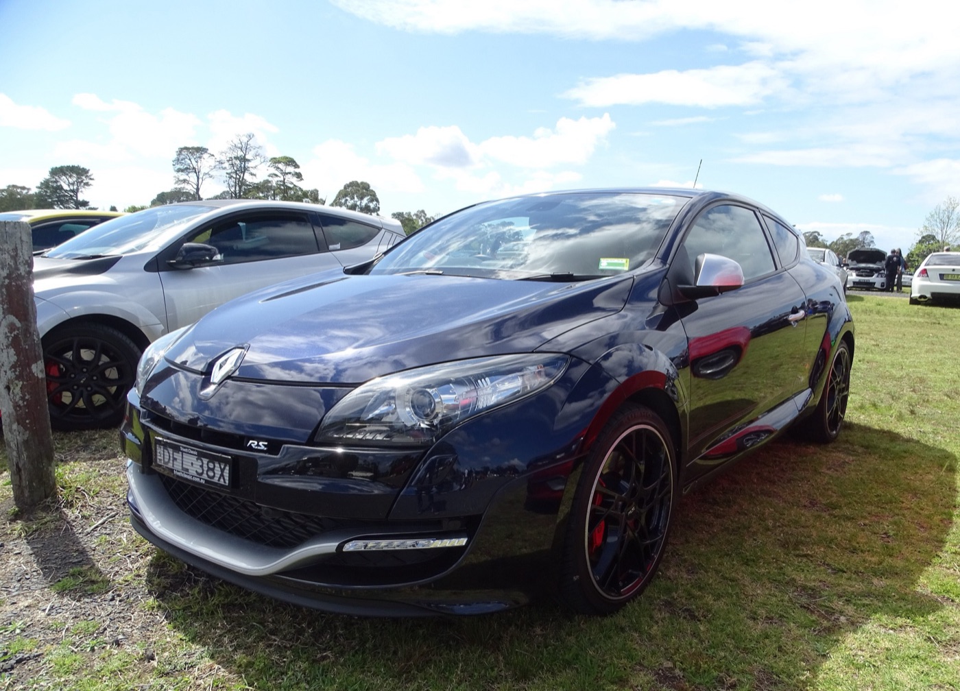 Dark blue Megane RS 265 Red Bull RB8 edition with black wheels and red calipers parked on grass at a car show
