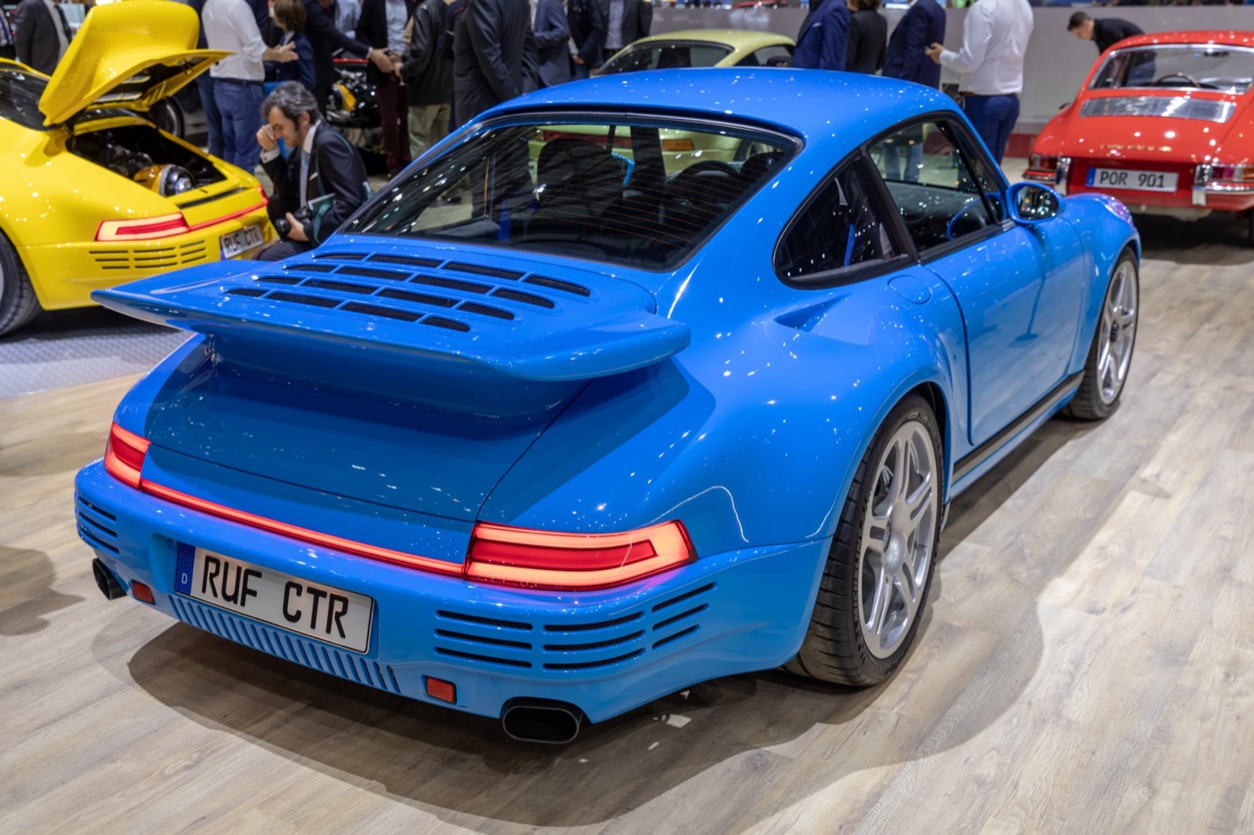 Blue Ruf CTR Anniversary from the rear with a RUF CTR number plate and a ducktail wing