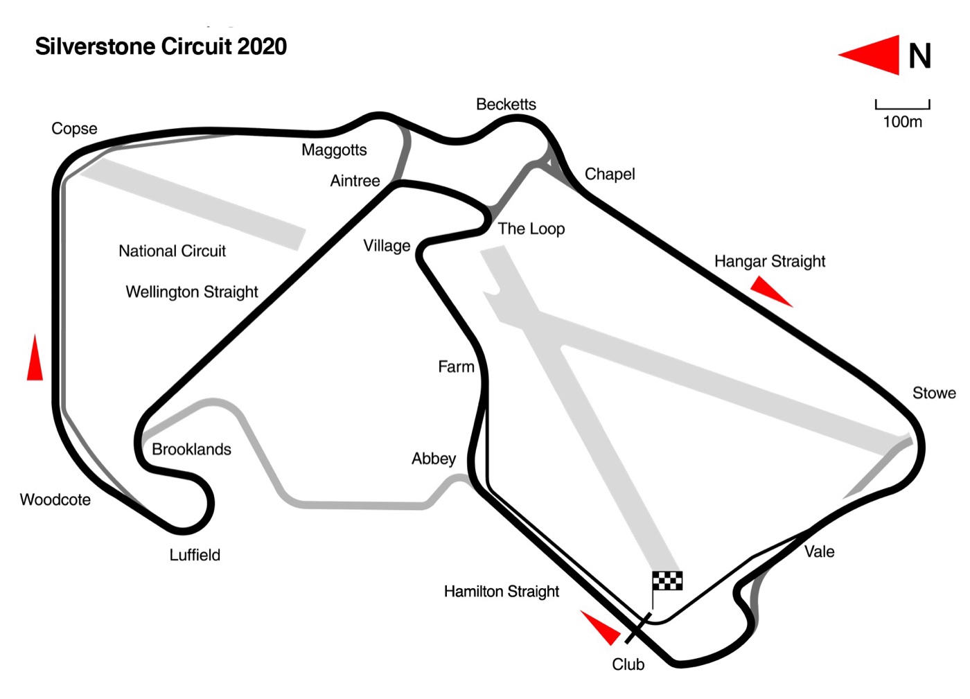 Map of the Silverstone Grand Prix circuit as used from 2020, with every corner named from Abbey to Club and the old runways shown in grey