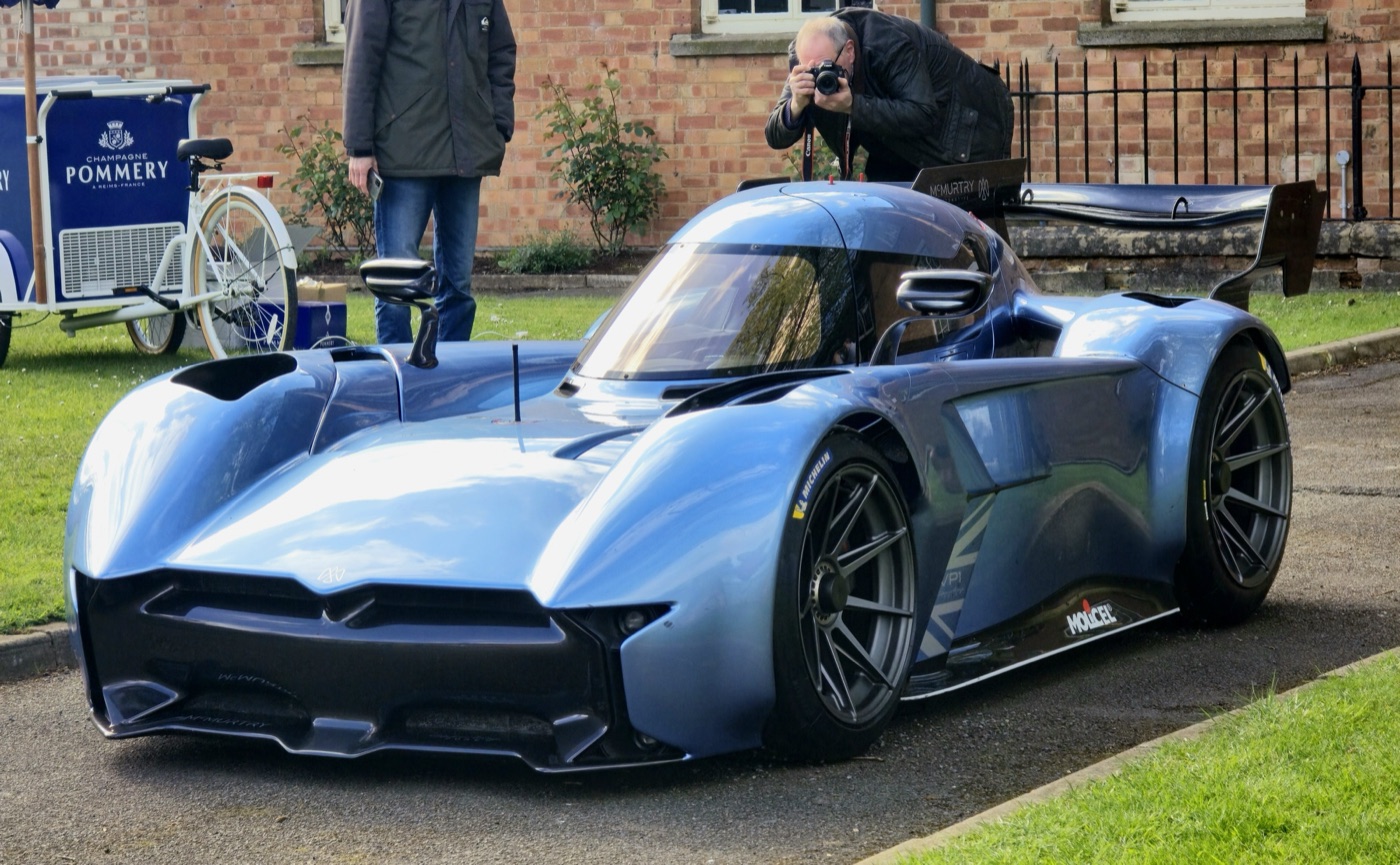 Pale blue McMurtry Spéirling Pure single-seat electric track car with a large rear wing