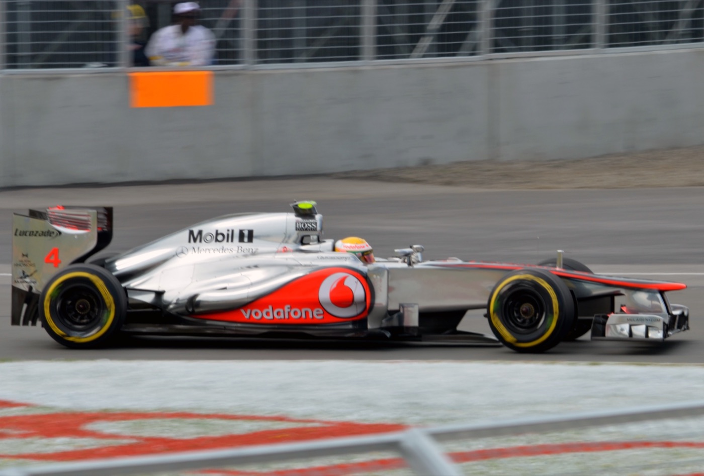 Lewis Hamilton in the number 4 Vodafone McLaren MP4-27 at the hairpin of the Circuit Gilles Villeneuve