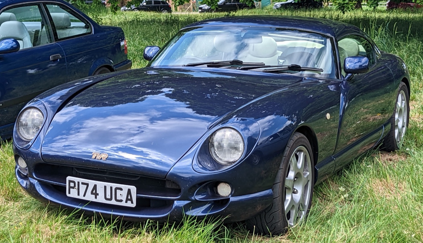 Dark blue TVR Cerbera 2+2 coupé with round headlamps parked on long grass