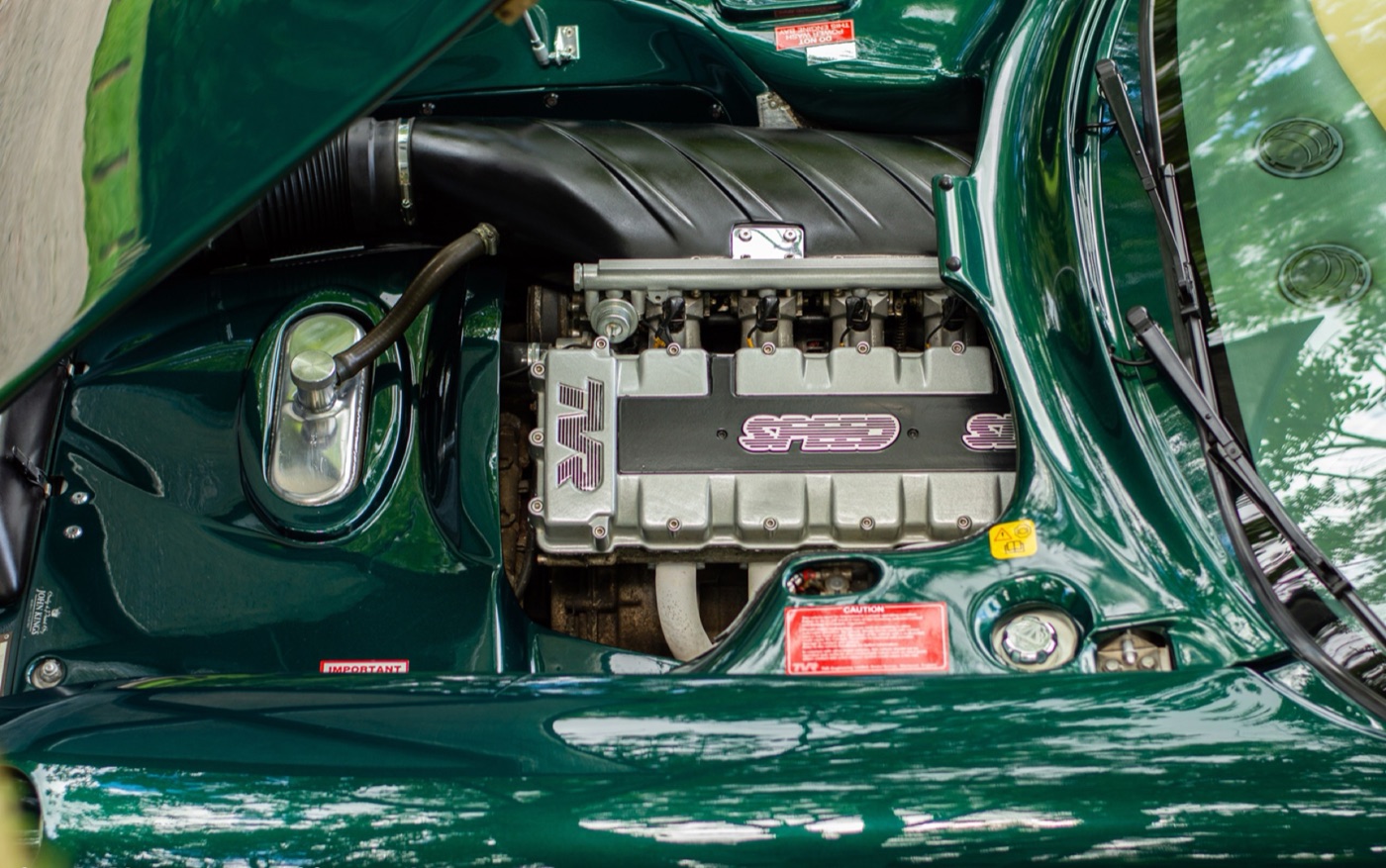 TVR Speed Six straight-six engine with silver cam cover and purple SPEED 6 lettering in a green Cerbera’s engine bay