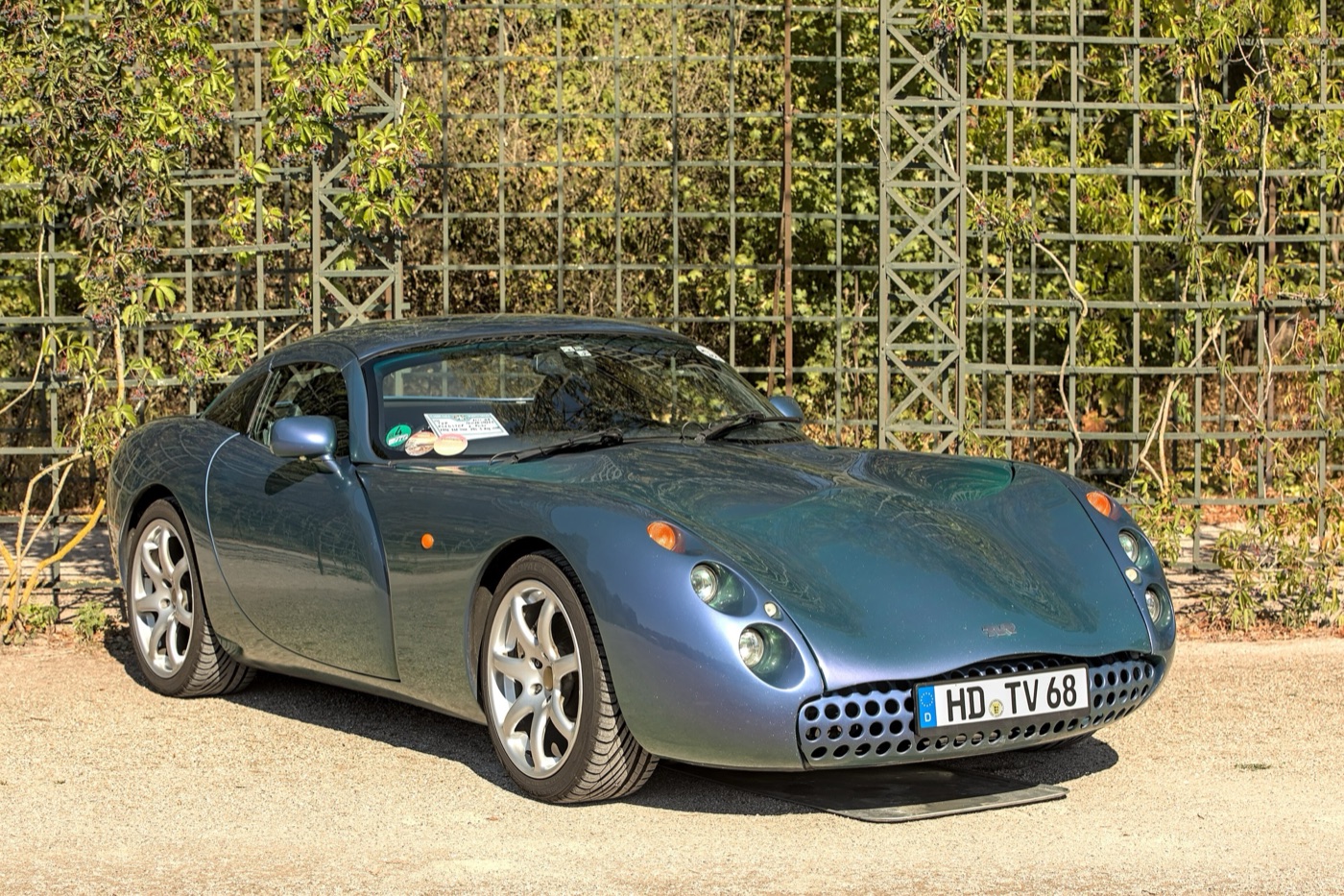 Blue-green colour-shift TVR Tuscan Speed Six coupé with German number plates in front of a garden trellis
