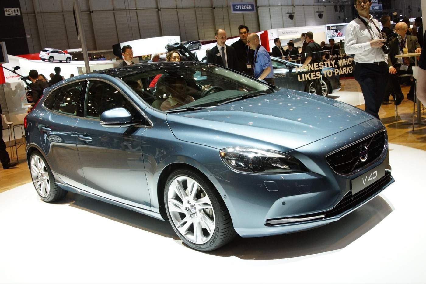Blue-grey Volvo V40 hatchback with ten-spoke alloy wheels on the Volvo stand at the 2012 Geneva Motor Show